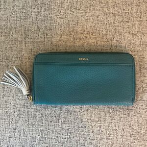 Fossil Leather Zip Around Wallet Teal Tassel